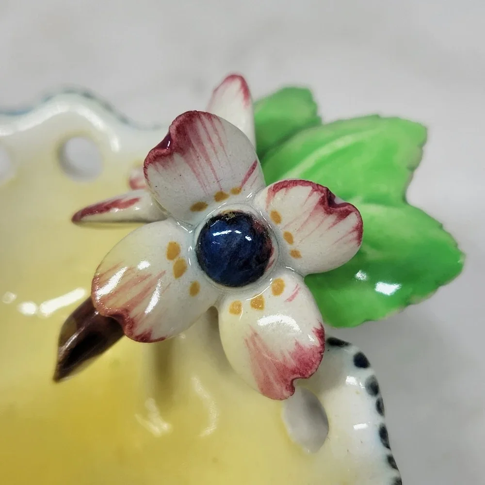 VTG Capodimonte Heart Trinket Dish Yellow Flower Lattice Trim Vanity Jewelry Box